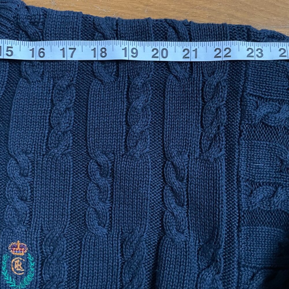 Vtg Chaps Ralph Lauren Sweater Mens L Blue Cable Knit Embroidered Crest Logo - Picture 7 of 11